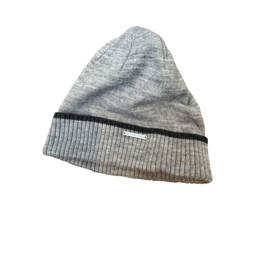 Michael Kors Hat Beanie Womens One Size Gray Knit Striped Logo Winter Ribbed